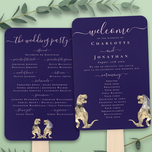 Éventail Dinosaur Wedding Ceremony Navy Blue Blush Pink (T-Rex bride and groom dinosaur navy blue blush pink wedding ceremony program fans elegant script)