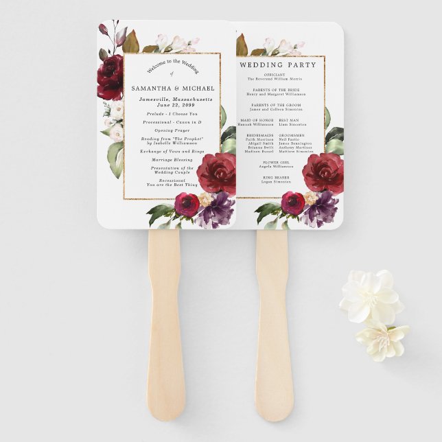 Éventail do-it-yourself Rustic Red Floral Wedding Programme (Devant et derrière)