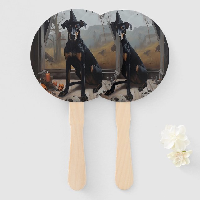 Éventail Doberman Citrouilles Halloween Épouvantable (Devant et derrière)