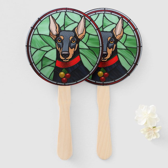 Éventail Doberman Pinscher Vitrail de Noël  (Devant et derrière)