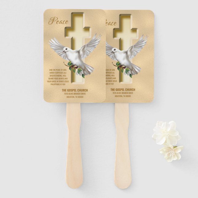 Éventail Dove Cross Scripture personnalisée Verse Church (Devant et derrière)