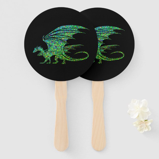 Éventail Dragon Mosaïque Vert Incroyable  (Devant et derrière)