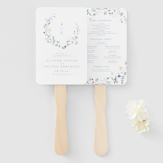 Éventail Dusty Blue Fleur sauvage Rustic Boho Wedding Progr (Devant et derrière)