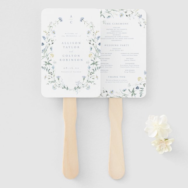 Éventail Dusty Blue Fleur sauvage Rustic Boho Wedding Progr (Devant et derrière)