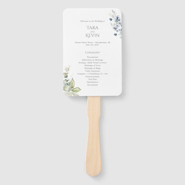 Éventail Dusty Blue Floral Programme de mariage Ventilateur (Devant)
