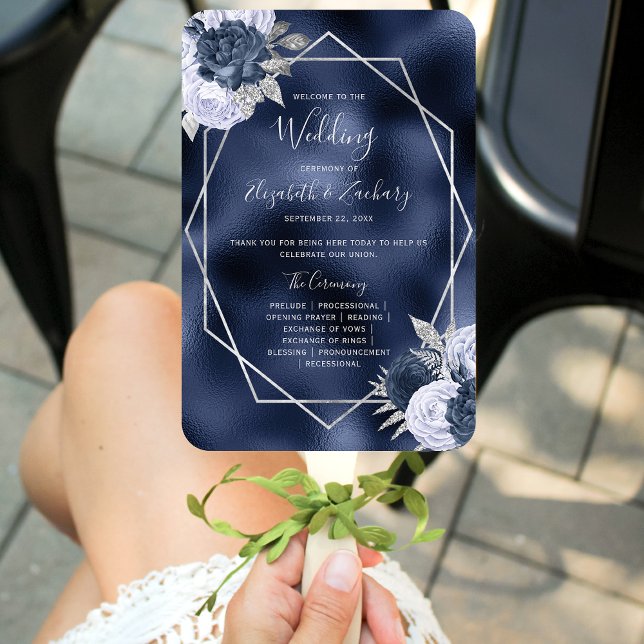 Éventail Dusty Blue Floral Silver Navy Programme de mariage (Créateur téléchargé)
