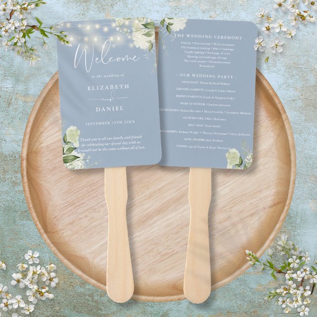 Éventail Dusty Blue Floral String Éclairages de mariage (Dusty Blue Floral String Lights Wedding Program Hand Fan)