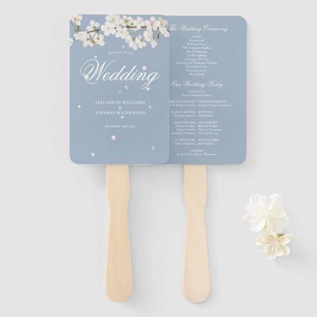 Éventail Dusty Blue Floral White Blossom Wedding Programme (Devant et derrière)
