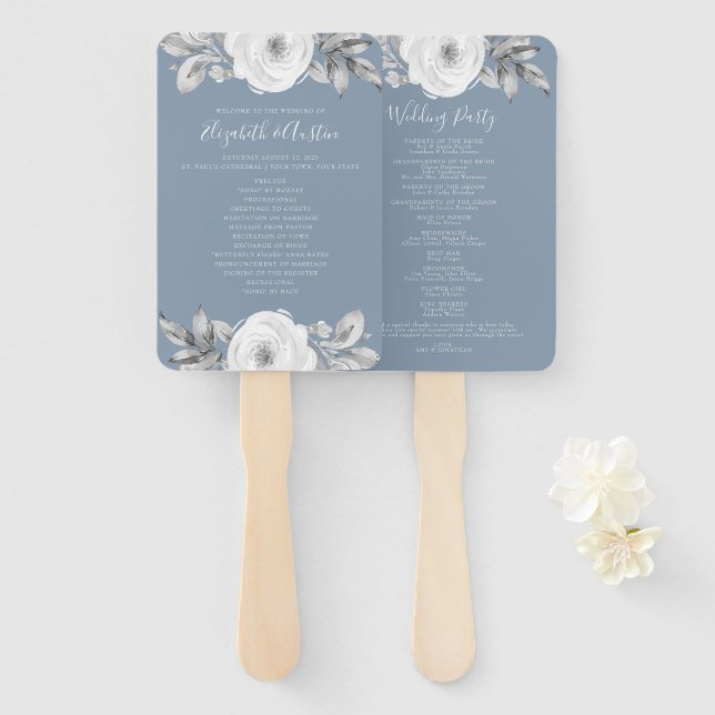 Éventail Dusty Blue Grey Floral Diamond Wedding Programme (Devant et derrière)