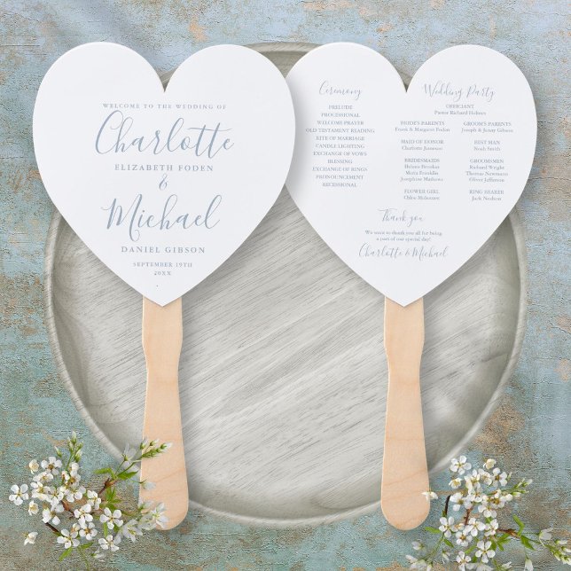 Éventail Dusty Blue Script Programme de mariage Coeur (Dusty Blue Script Wedding Program Heart Hand Fan)