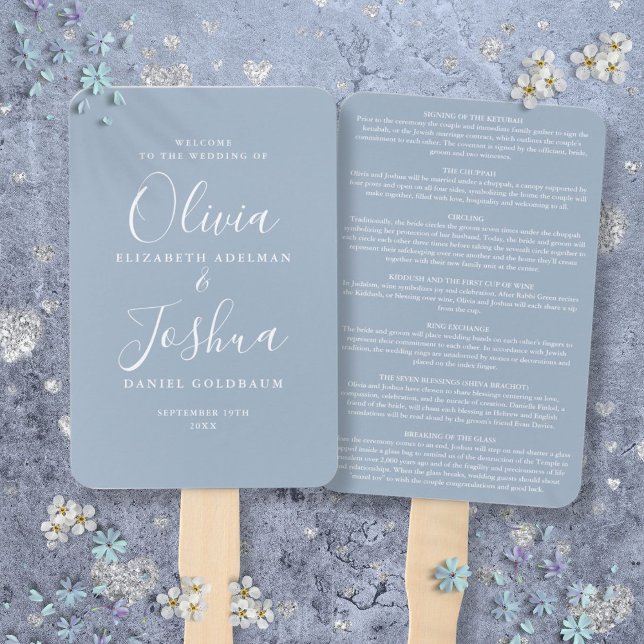 Éventail Dusty Blue Signature Script Mariage juif (Dusty Blue Signature Script Jewish Wedding Hand Fan)