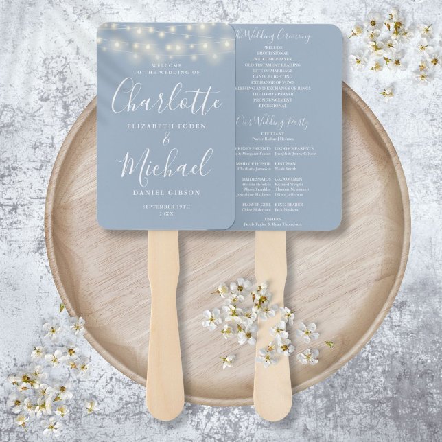 Éventail Dusty Blue String Lights Script Wedding Programme (Dusty Blue String Lights Script Wedding Program Hand Fan)