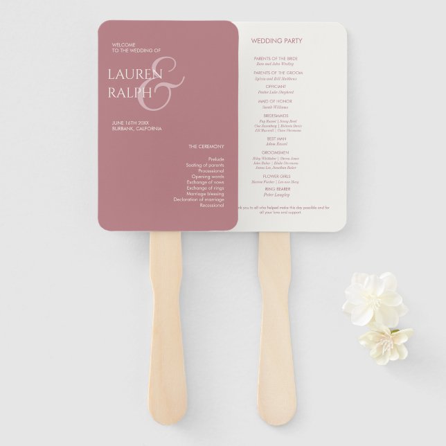 Éventail Dusty Pink Ivory Monogram Programme de mariage de  (Devant et derrière)