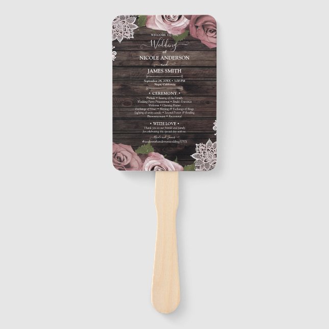 Éventail Dusty Rose Floral Roses Rustique  dentelle en bois (Devant)