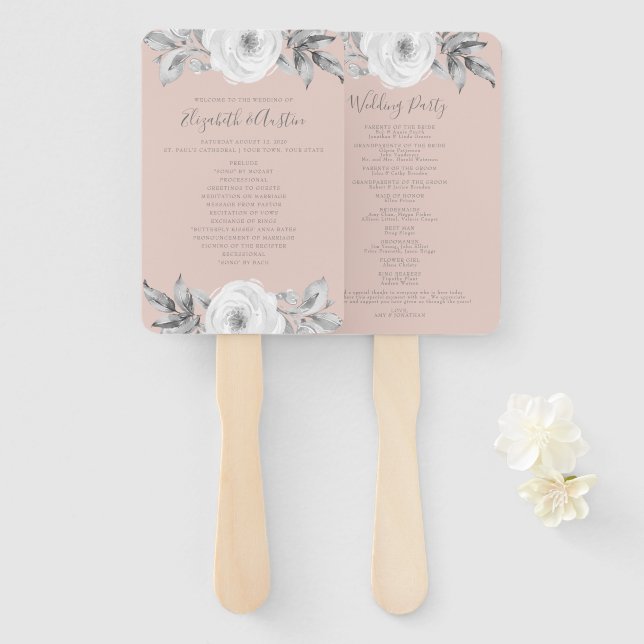 Éventail Dusty Rose Grey Floral Diamond Wedding Programme (Devant et derrière)