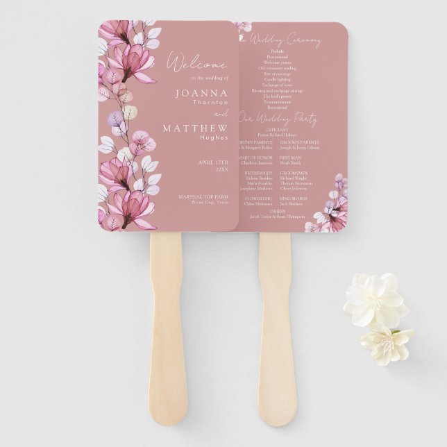 Éventail Dusty Rose Transparent Floral Wedding Programme (Devant et derrière)