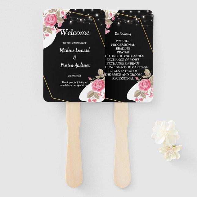 Éventail Élégance moderne programme de mariage à fleurs ros (Devant et derrière)