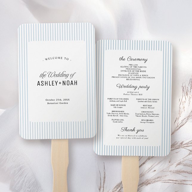 Éventail Élégance rayée bleu poussiéreux Programme de maria (Dusty Blue Striped Elegance Classy Wedding Program Hand Fan)