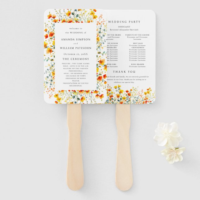 Éventail Elégant Aquarelle Fleurs sauvages Programme de mar (Devant et derrière)