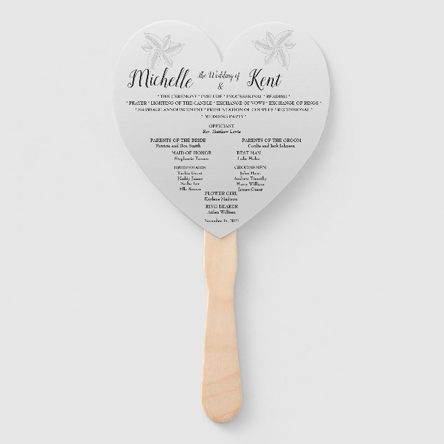 Éventail Elégant Argent Feuille Menu Mariage Fans de Coeur (Devant)