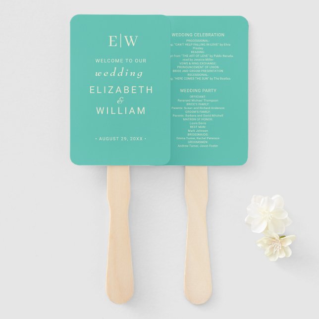Éventail Élégant Awe aquatique simple avec Mariage Monogram (Devant et derrière)