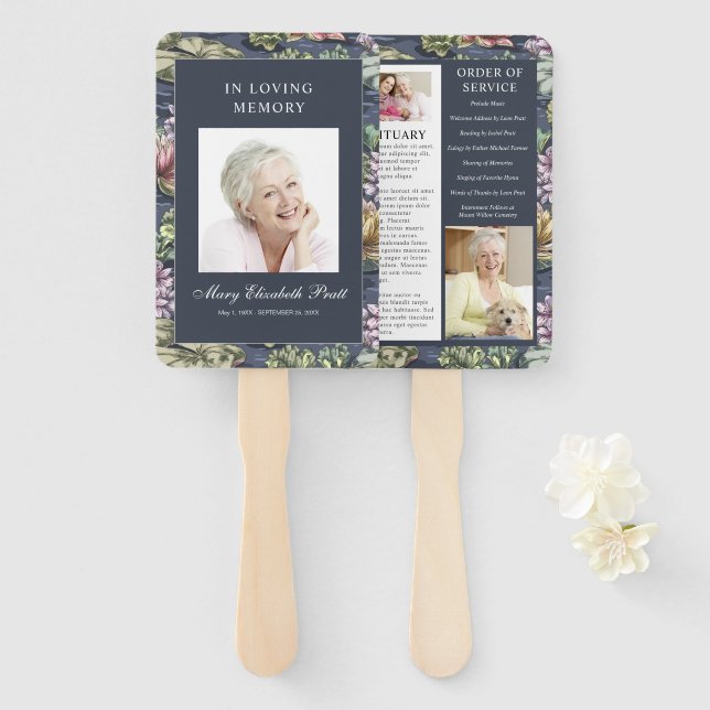 Éventail Elégant bleu foncé Floral 3 Photo Funeral Programm (Devant et derrière)