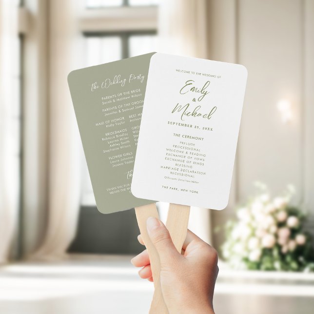 Éventail Élégant Calligraphie Sage Green Wedding Programme (Elegant calligraphy sage green and white wedding program hand fan)