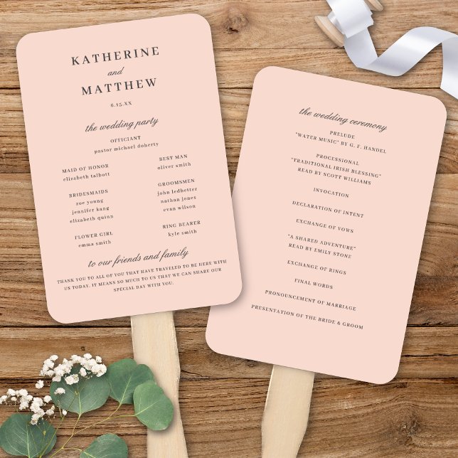 Éventail Élégant Chic Blush Pink Mariage Ceremony Programme (Elegant Chic Blush Pink & Dark Grey Wedding Ceremony Program Hand Fan)