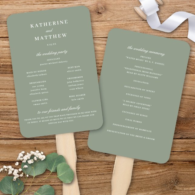 Éventail Élégant Chic Sage Green Mariage programme de cérém (Elegant Chic Sage Green Wedding Ceremony Program Hand Fan)
