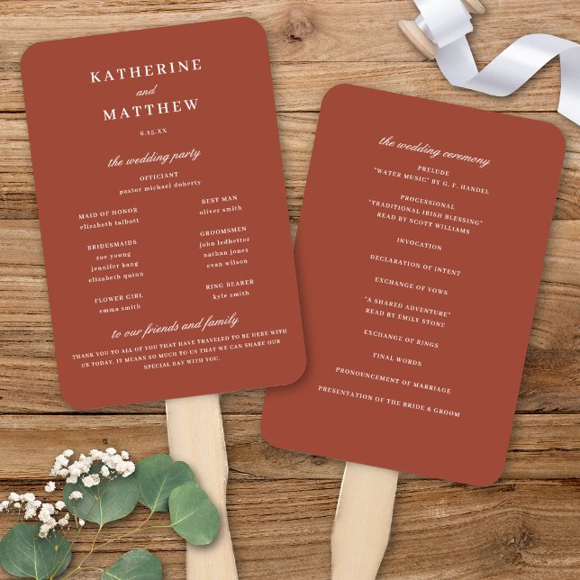 Éventail Élégant Chic Terracotta Mariage programme de cérém (Elegant Chic Terracotta Earth Tones Wedding Ceremony Program Hand Fan
)