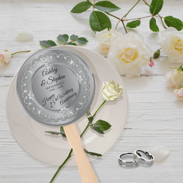 Éventail Élégant Diamants d'argent 25e anniversaire Mariage (Elegant Faux Silver Diamonds 25th Wedding Anniversary Hand Fan)
