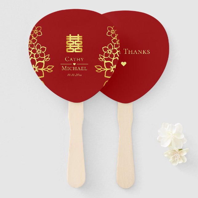 Éventail Élégant double bonheur floral chinois pour mariage (Devant et derrière)