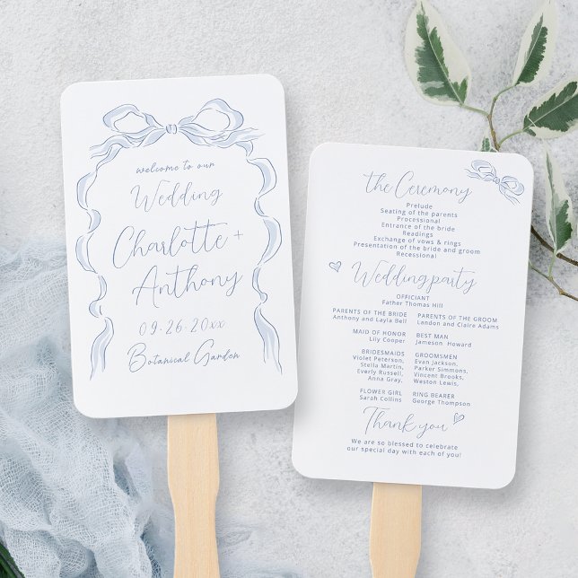 Éventail Élégant Dusty Blue Main Drawn Bow Wedding Programm (Elegant Dusty Blue Hand Drawn Bow Wedding Program Hand Fan)