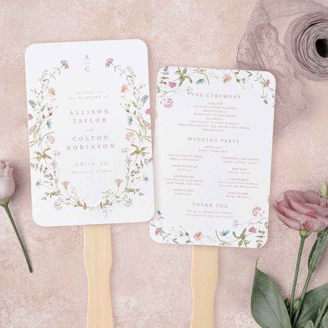 Éventail Élégant Fleur sauvage Rustic Boho Wedding Programm (Elegant Pink Wildflower Rustic Boho Wedding Program Hand Fan)