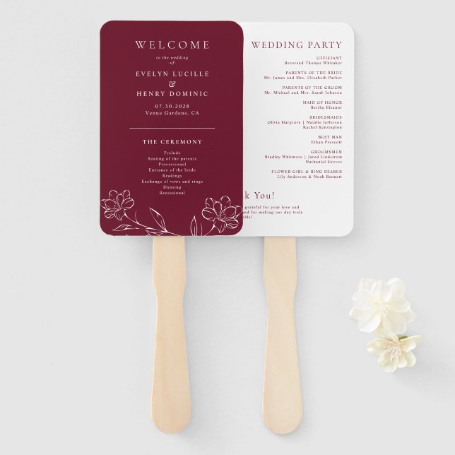Éventail Elegant Floral Line Art Burgundy Wedding Program (Devant et derrière)