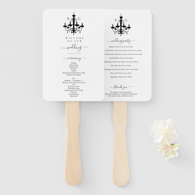 Éventail Élégant Lustre Monogramme Mariage Noir Blanc (Devant et derrière)