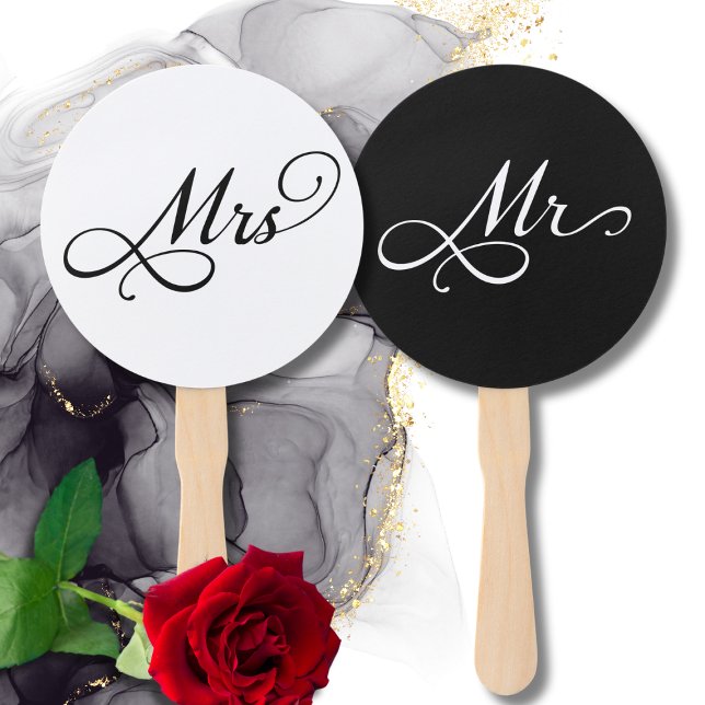 Éventail Élégant M. Mme Mariage Game (elegant black and white Mr and Mrs wedding game hand fan,calligraphy script typography wedding favor)