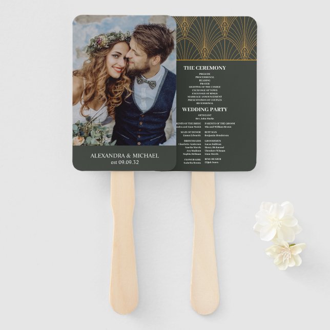 Éventail Élégant Mariage Art Déco Gold Green (Devant et derrière)