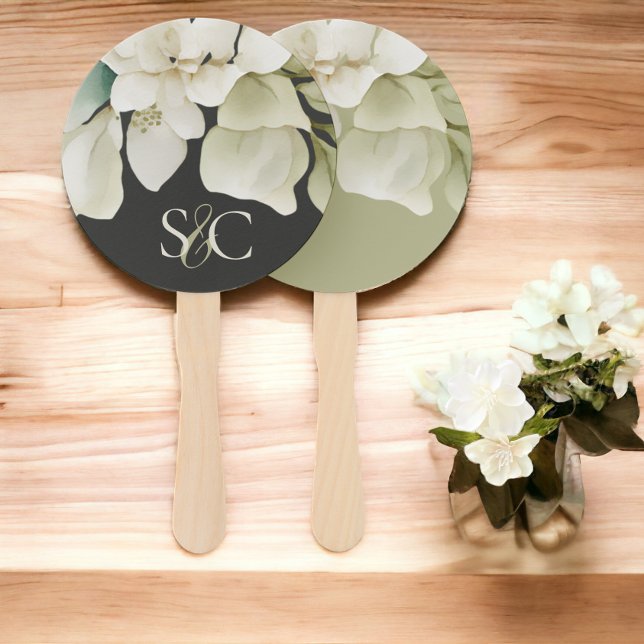 Éventail Élégant mariage feuillage vert émoussé Monogramme (Elegant Wedding Foliage Muted Green Monogrammed Hand Fans from Ricaso)