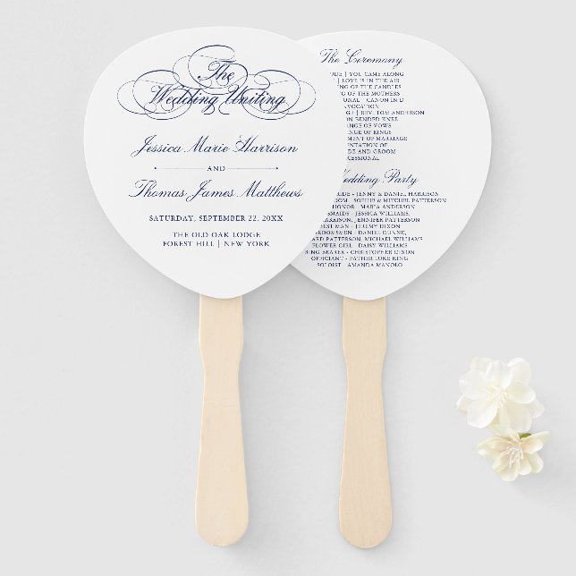 Éventail Élégant Modèle du programme de mariage bleu et bla (Devant et derrière)
