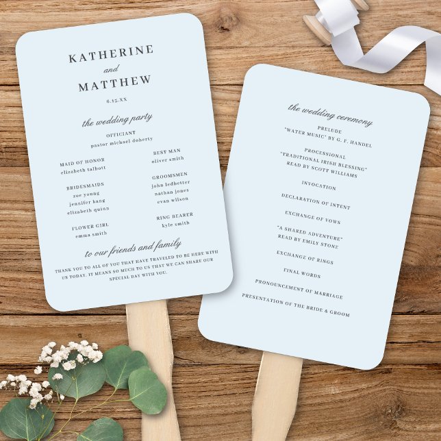 Éventail Élégant Pastel Bleu clair Mariage programme de cér (Elegant Pastel Light Blue & Dark Grey Wedding Ceremony Program Hand Fan)