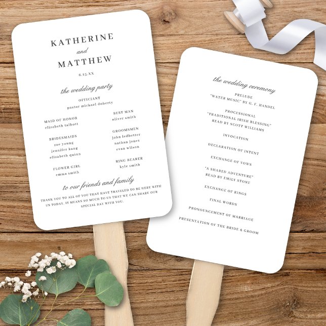 Éventail Élégant programme classique de cérémonie de Mariag (Elegant Classic White & Dark Gray Wedding Ceremony Program Hand Fan)