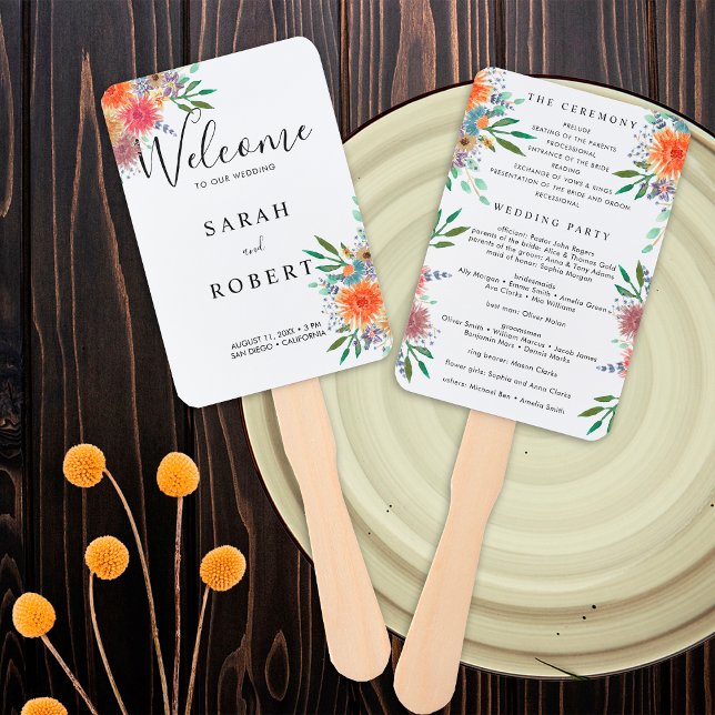 Éventail Élégant programme de mariage à l'aquarelle peint à (Front / Back)