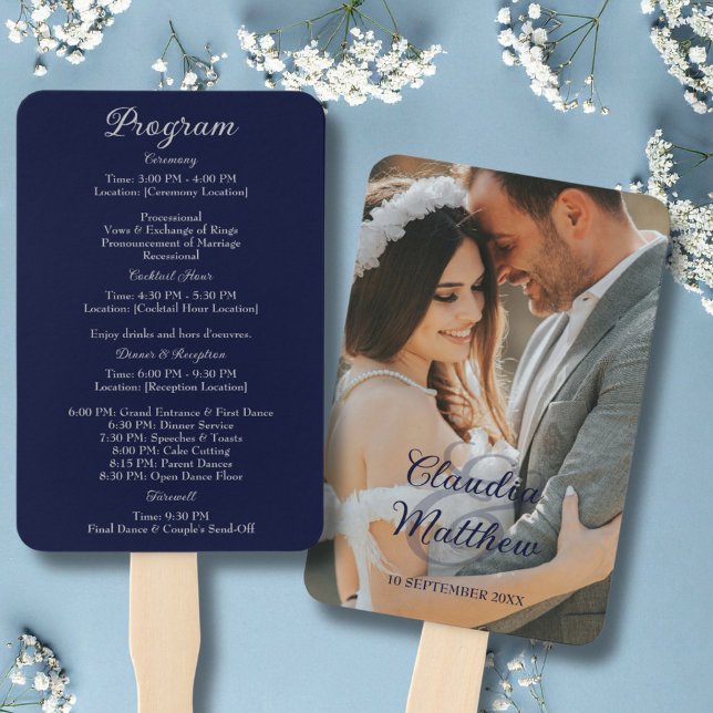 Éventail Élégant programme de mariage bleu et argent de la  (Elegant Navy Blue & Silver Script Wedding Program Hand Fan)