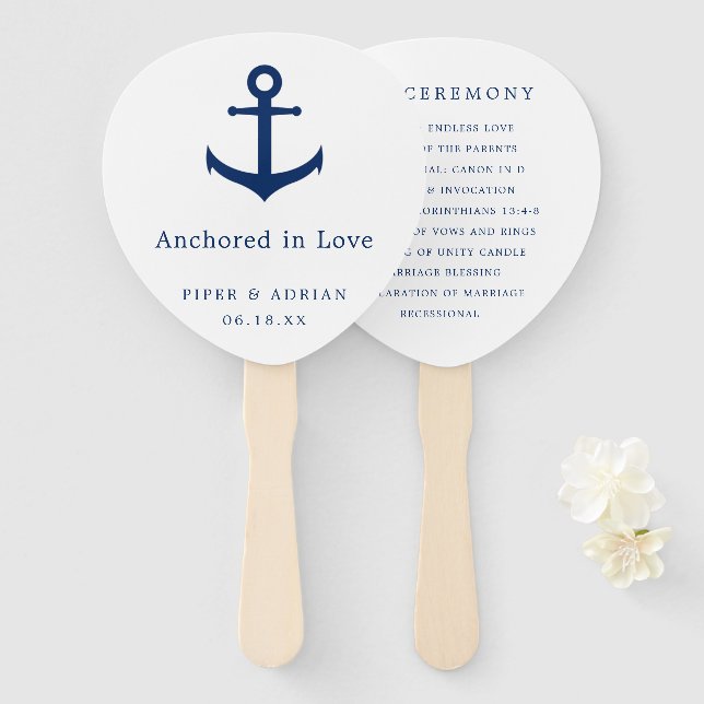 Éventail Élégant programme de mariage bleu marine ancre nau (Devant et derrière)