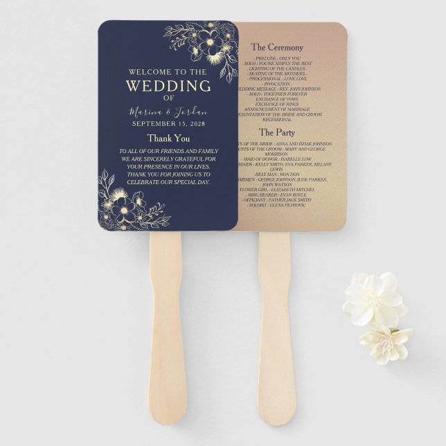 Éventail Élégant programme de mariage bleu marine et or ros (Devant et derrière)