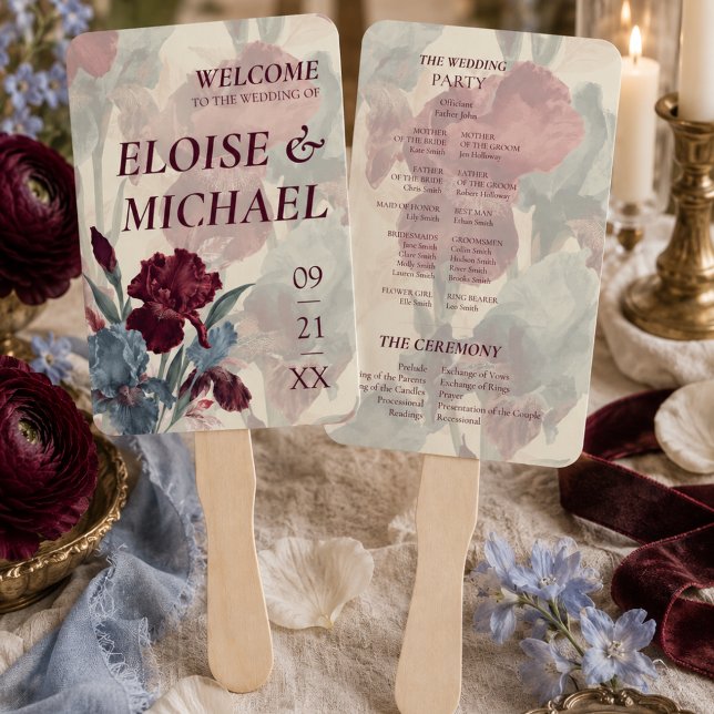 Éventail Élégant programme de mariage bordeaux et bleu pous (Elegant Burgundy and Dusty Blue Wedding Program Hand Fan)