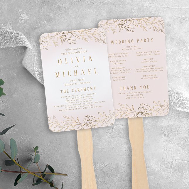 Éventail Élégant programme de mariage botanique en or roux (Elegant blush gold botanical wedding program hand fan)