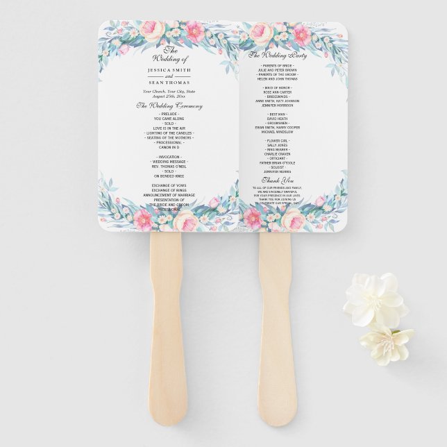 Éventail Élégant programme de mariage floral aquarelle (Devant et derrière)
