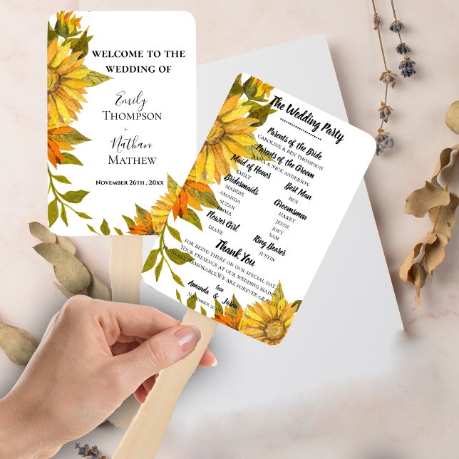 Éventail Élégant programme de mariage floral de tournesol (Elegant Sunflower Floral Wedding Program Hand Fan)
